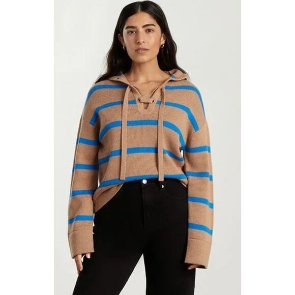 Everlane Lace Up Smock Sweater Knit Chestnut Brown Blue Striped Wool NWT - Picture 2 of 8